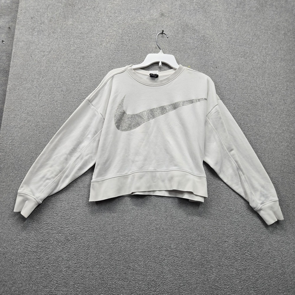 Nike Women Sweatshirt M White Big Swoosh Glitter Bling Cropped Dri Fit Pullover